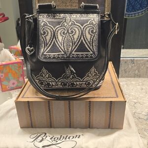 Brighton Pristine Condition Black and Silver Crossbody Bag with Intricate Design